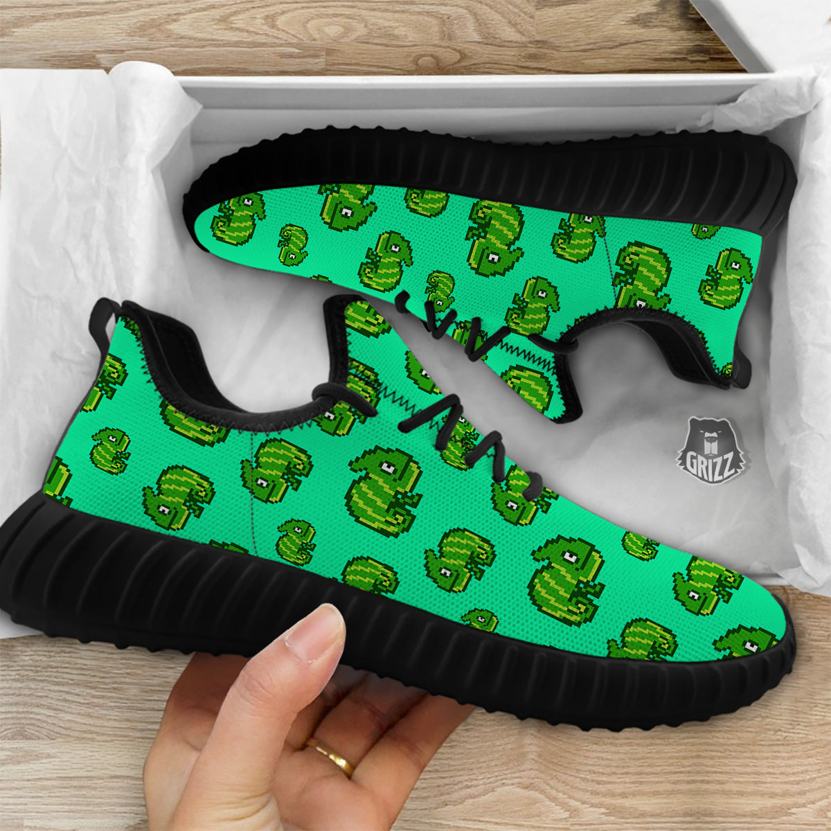 8 Bit Pixel Green Chameleons Print Pattern Black Walking Shoes-grizzshop