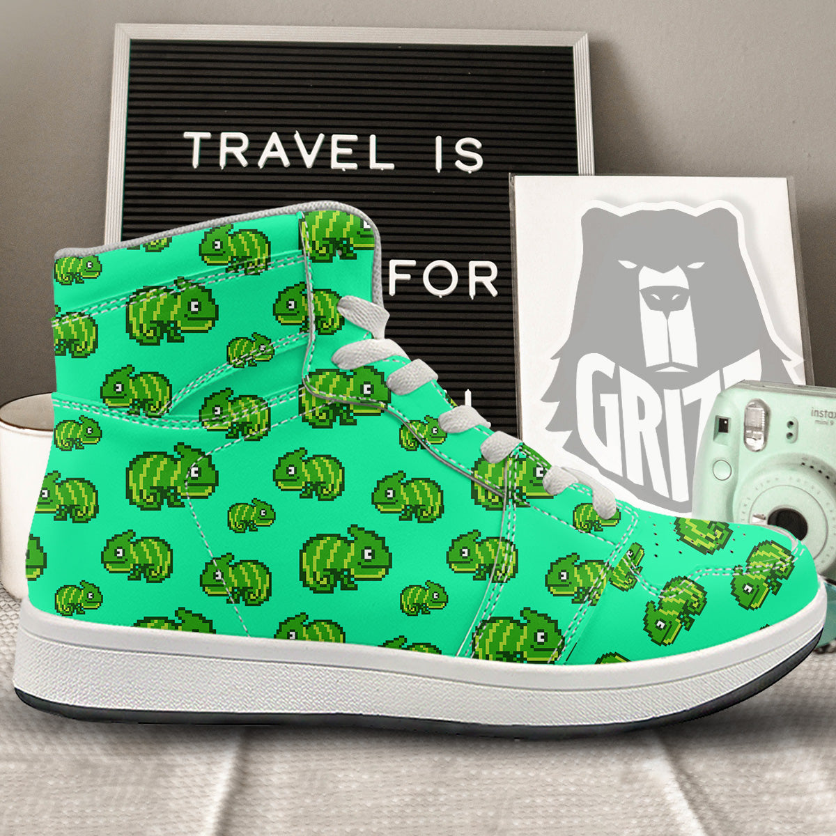 8 Bit Pixel Green Chameleons Print Pattern High Top Sneakers-grizzshop