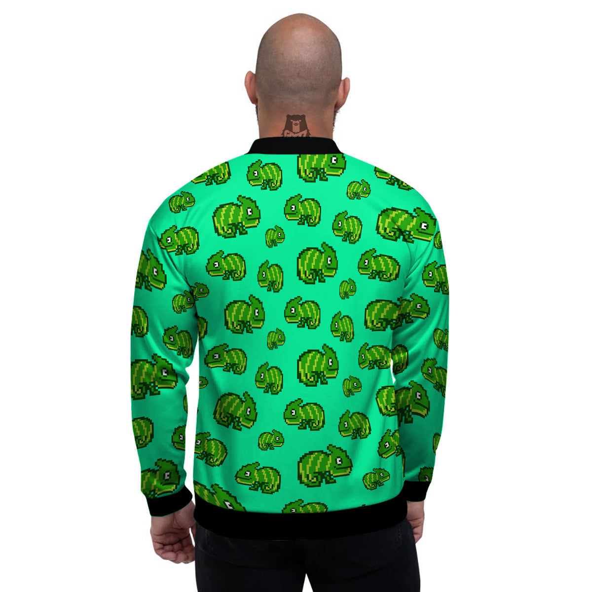 8 Bit Pixel Green Chameleons Print Pattern Men's Bomber Jacket-grizzshop