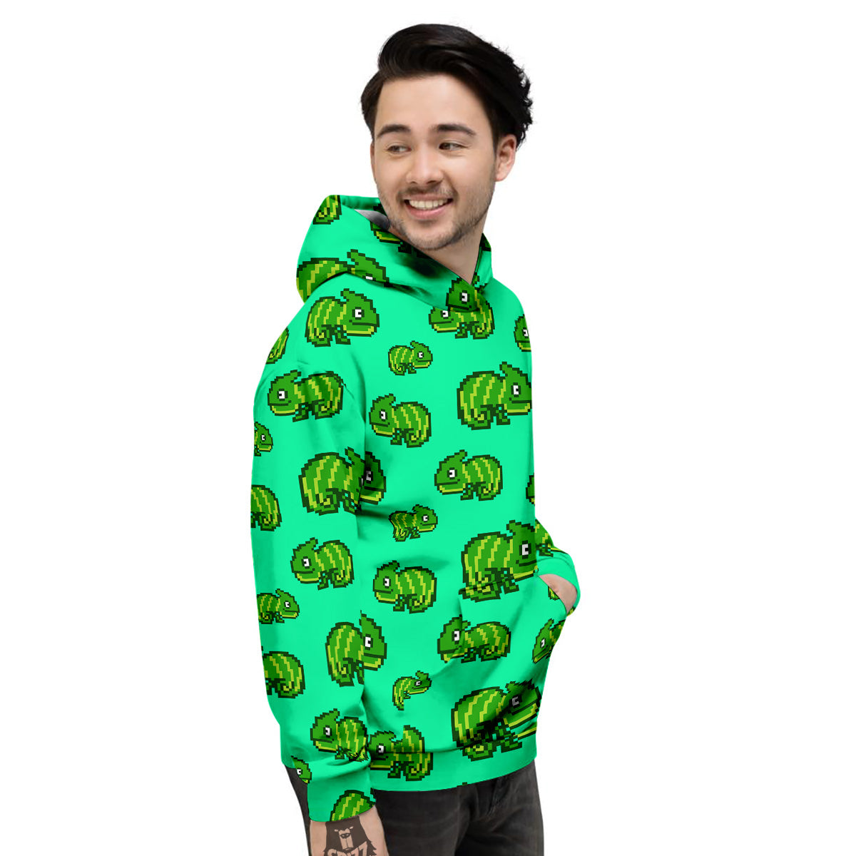 8 Bit Pixel Green Chameleons Print Pattern Men's Hoodie-grizzshop