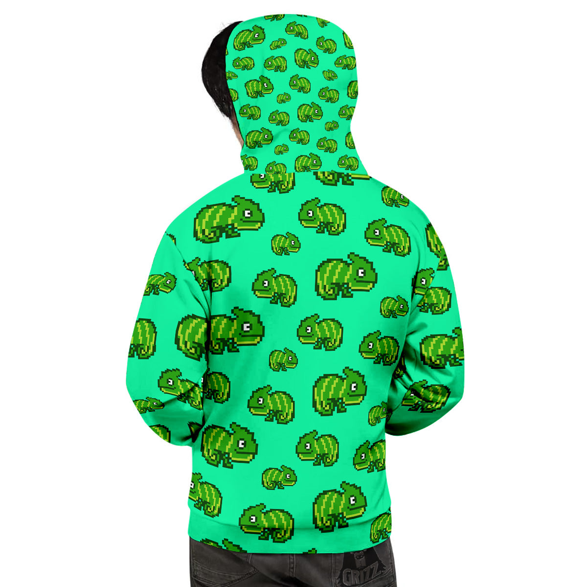 8 Bit Pixel Green Chameleons Print Pattern Men's Hoodie-grizzshop