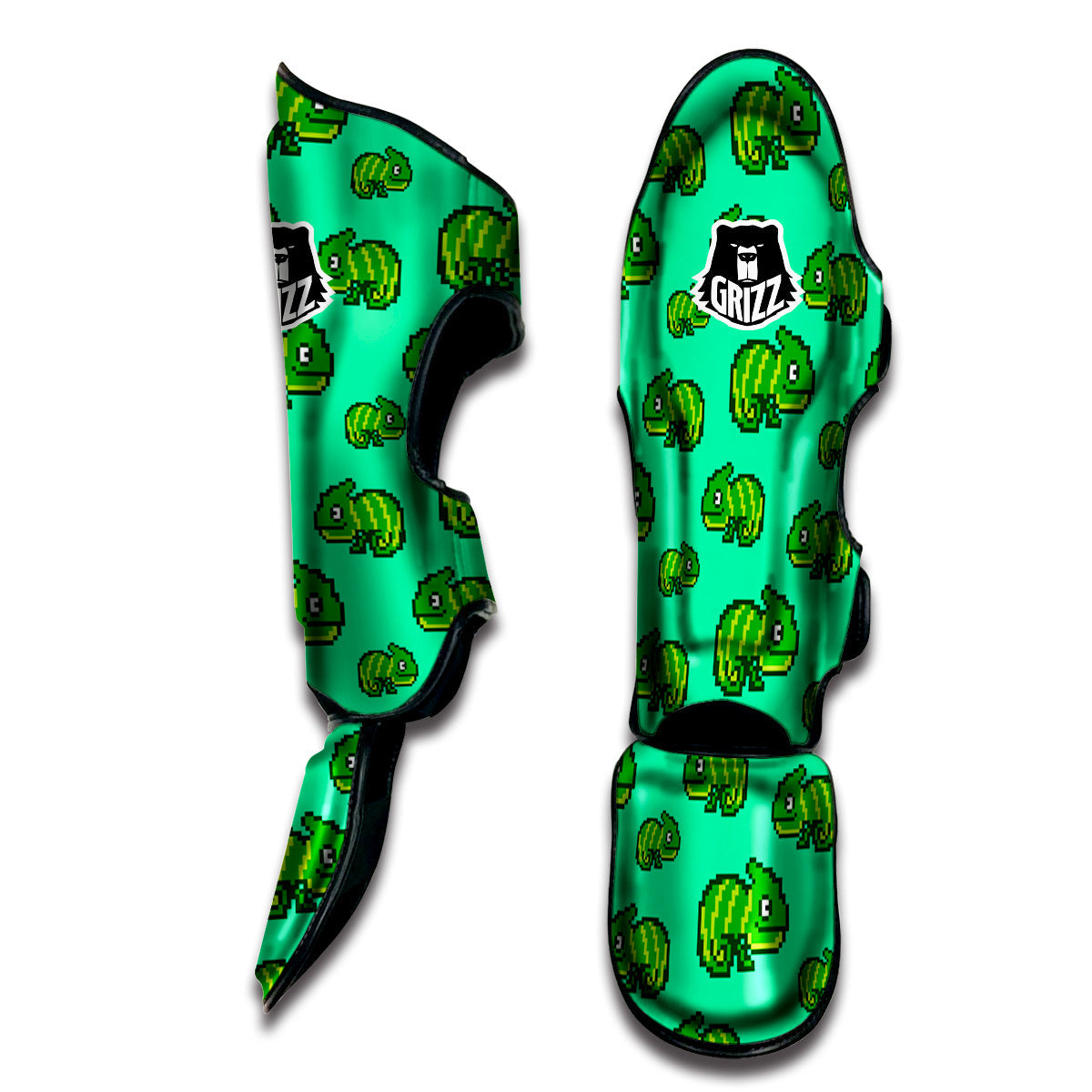 8 Bit Pixel Green Chameleons Print Pattern Muay Thai Shin Guards-grizzshop