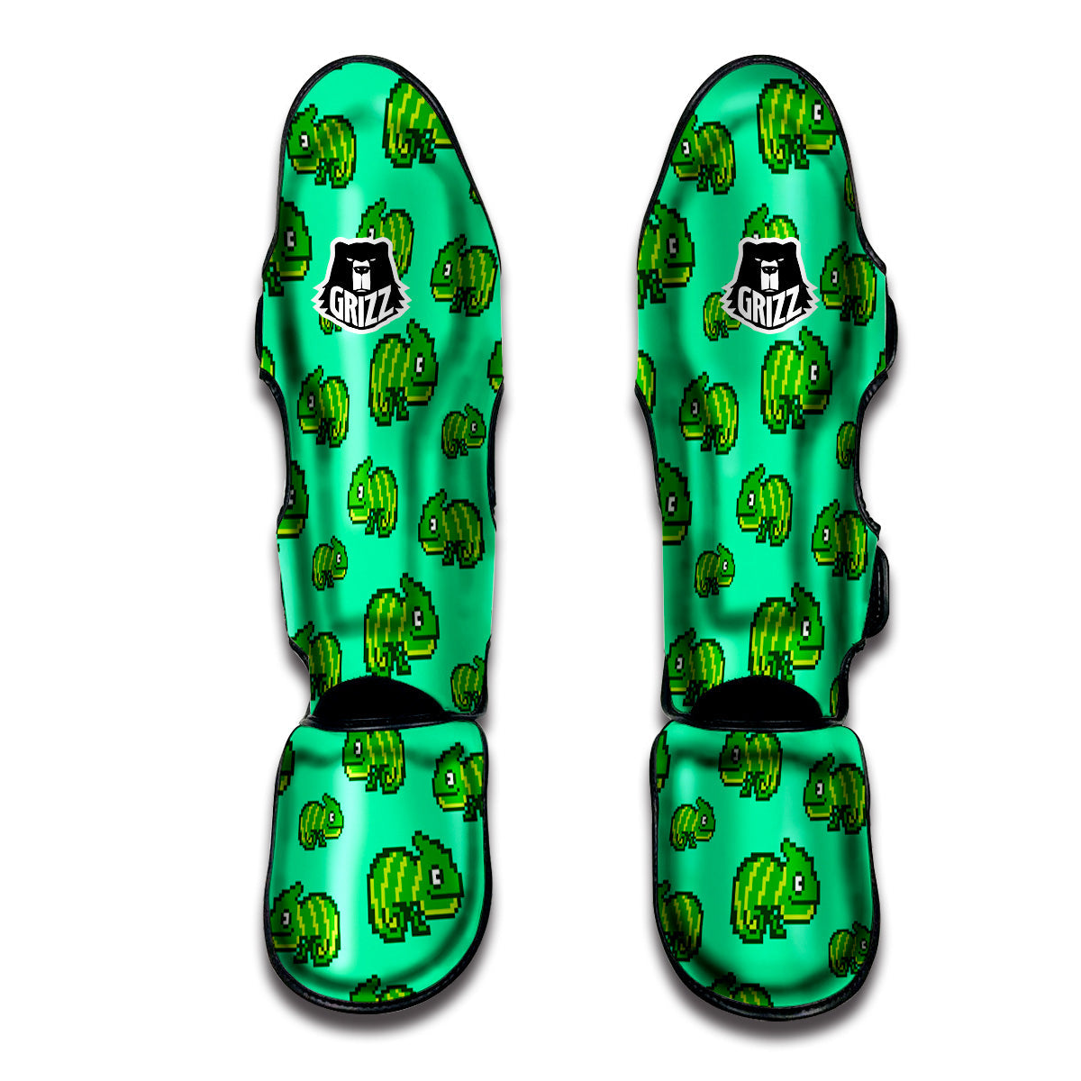 8 Bit Pixel Green Chameleons Print Pattern Muay Thai Shin Guards-grizzshop