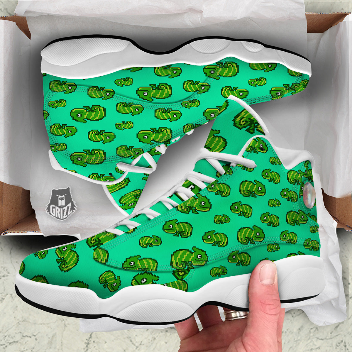8 Bit Pixel Green Chameleons Print Pattern White Basketball Shoes-grizzshop