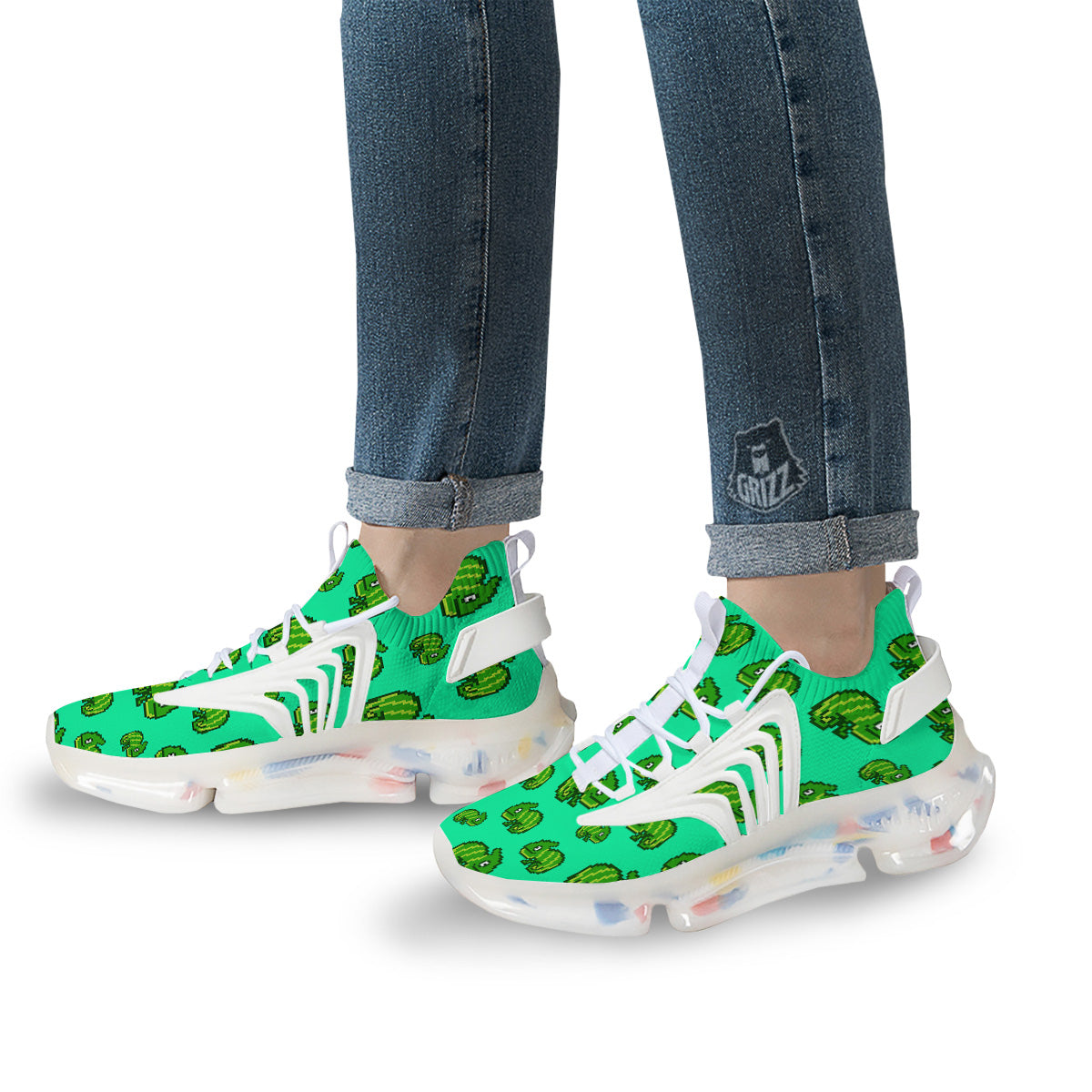 8 Bit Pixel Green Chameleons Print Pattern White Gym Shoes-grizzshop