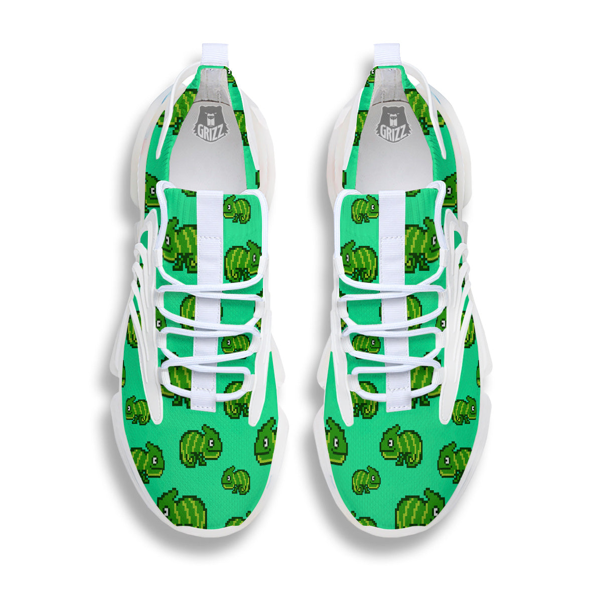 8 Bit Pixel Green Chameleons Print Pattern White Gym Shoes-grizzshop