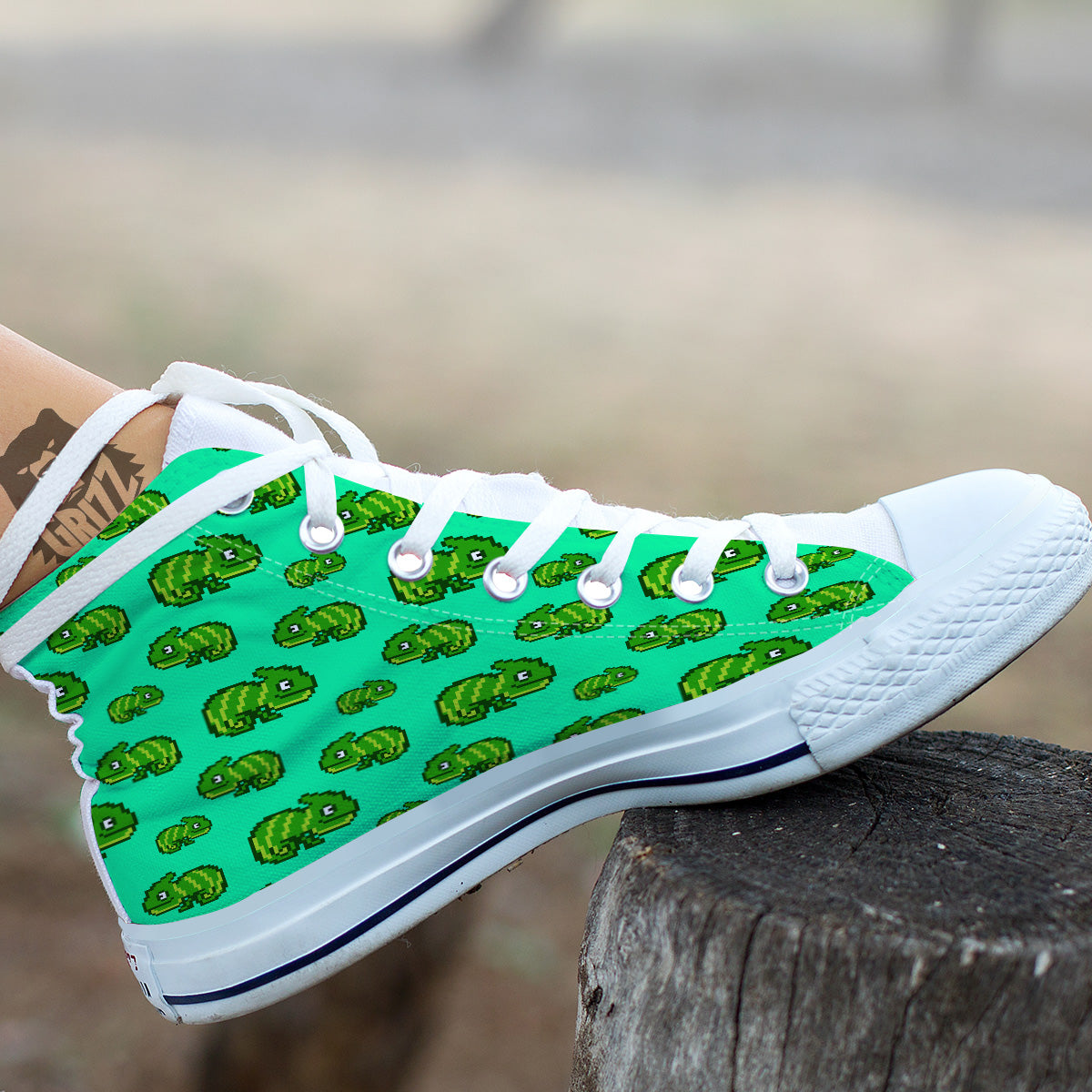 8 Bit Pixel Green Chameleons Print Pattern White High Top Shoes-grizzshop
