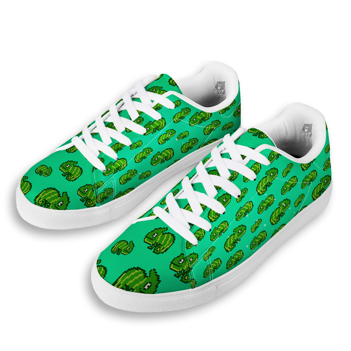 8 Bit Pixel Green Chameleons Print Pattern White Low Top Sneakers-grizzshop