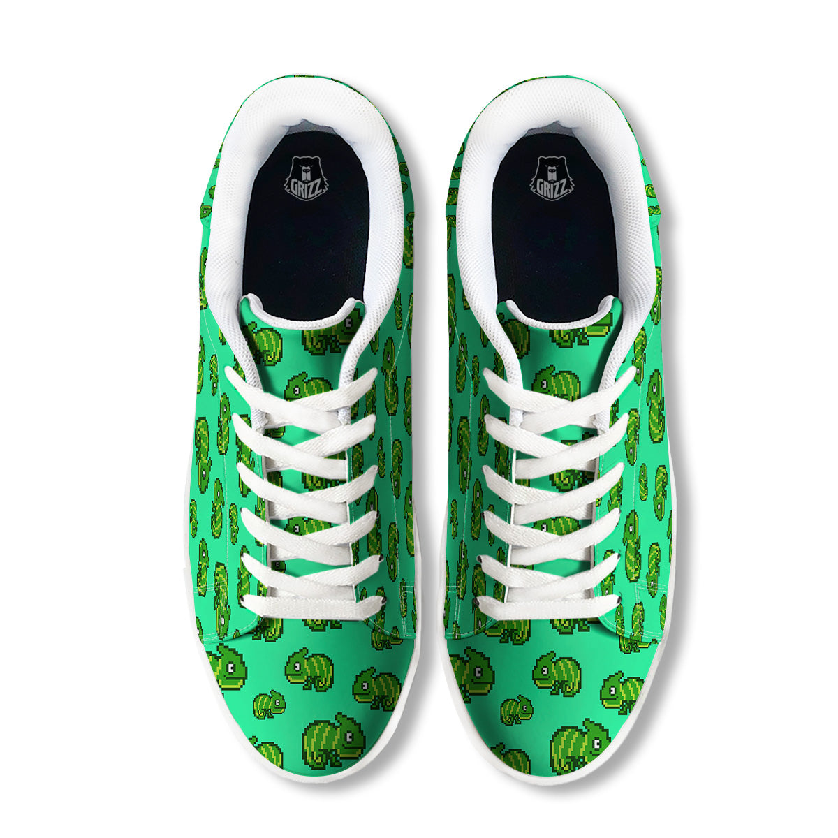 8 Bit Pixel Green Chameleons Print Pattern White Low Top Sneakers-grizzshop