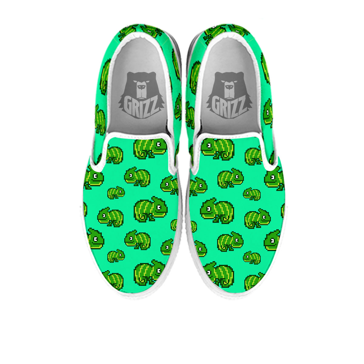 8 Bit Pixel Green Chameleons Print Pattern White Slip On Shoes-grizzshop
