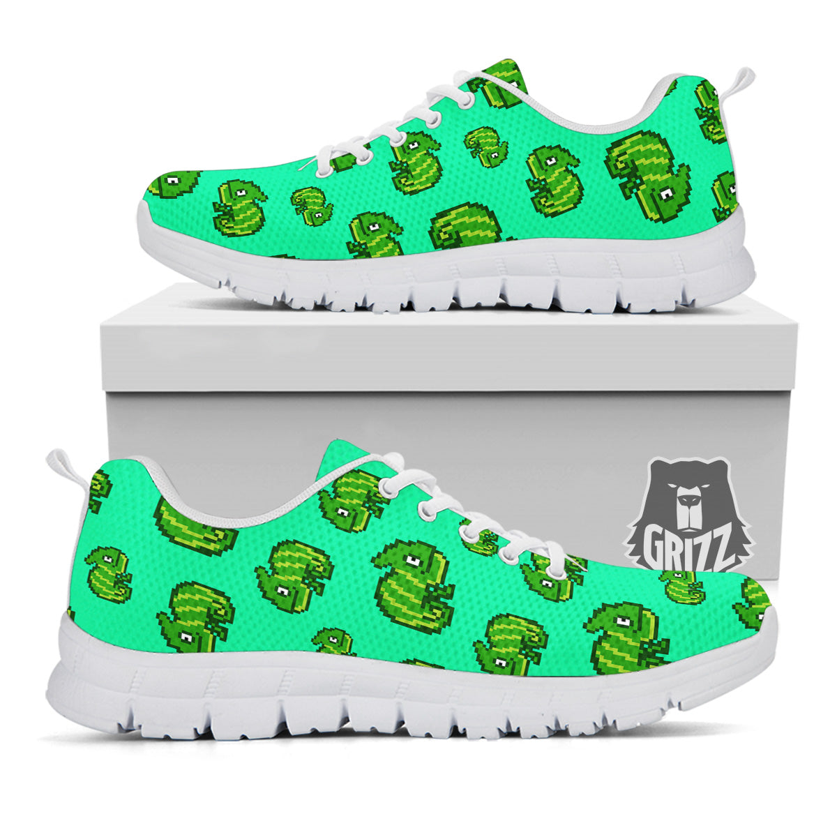 8 Bit Pixel Green Chameleons Print Pattern White Sneaker-grizzshop