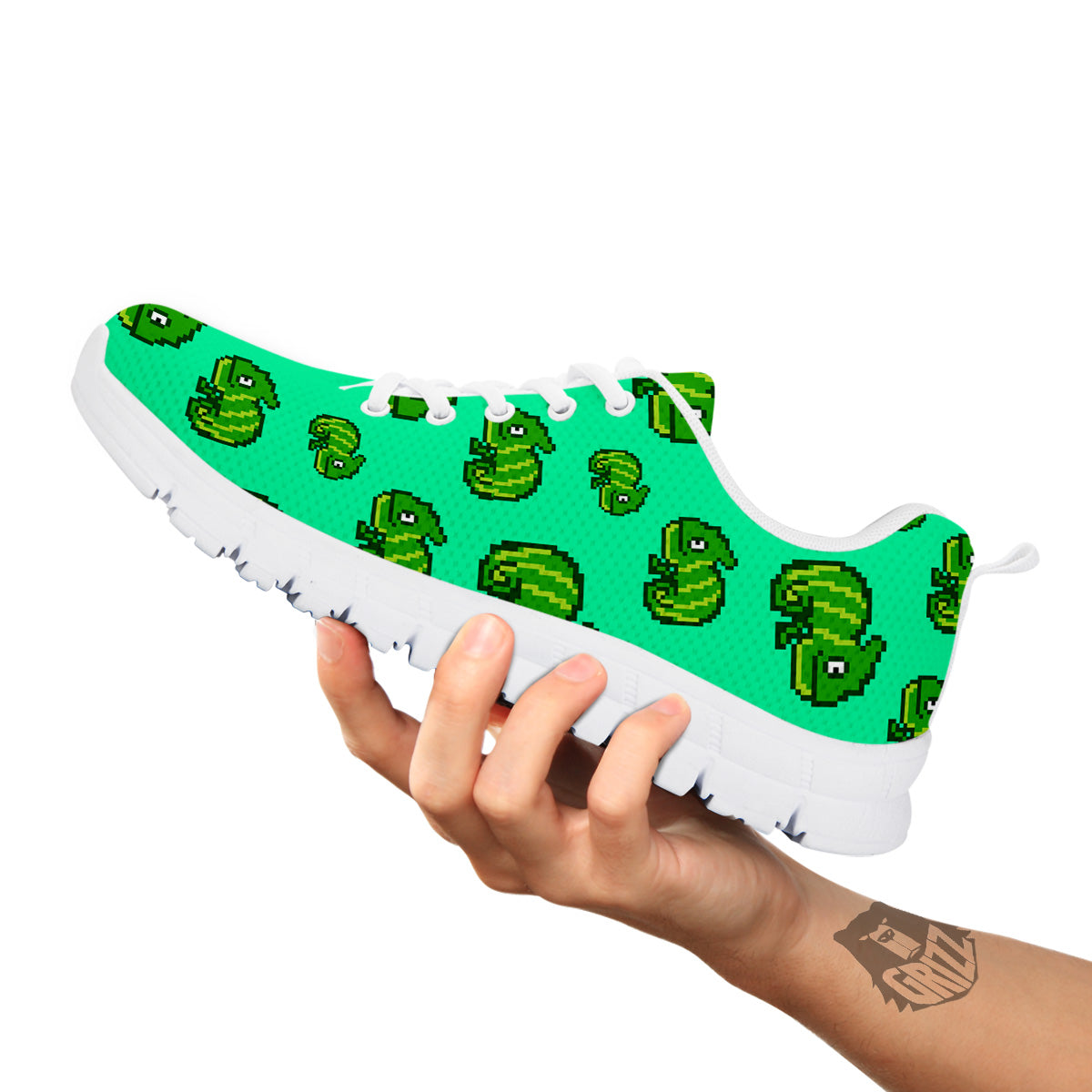 8 Bit Pixel Green Chameleons Print Pattern White Sneaker-grizzshop