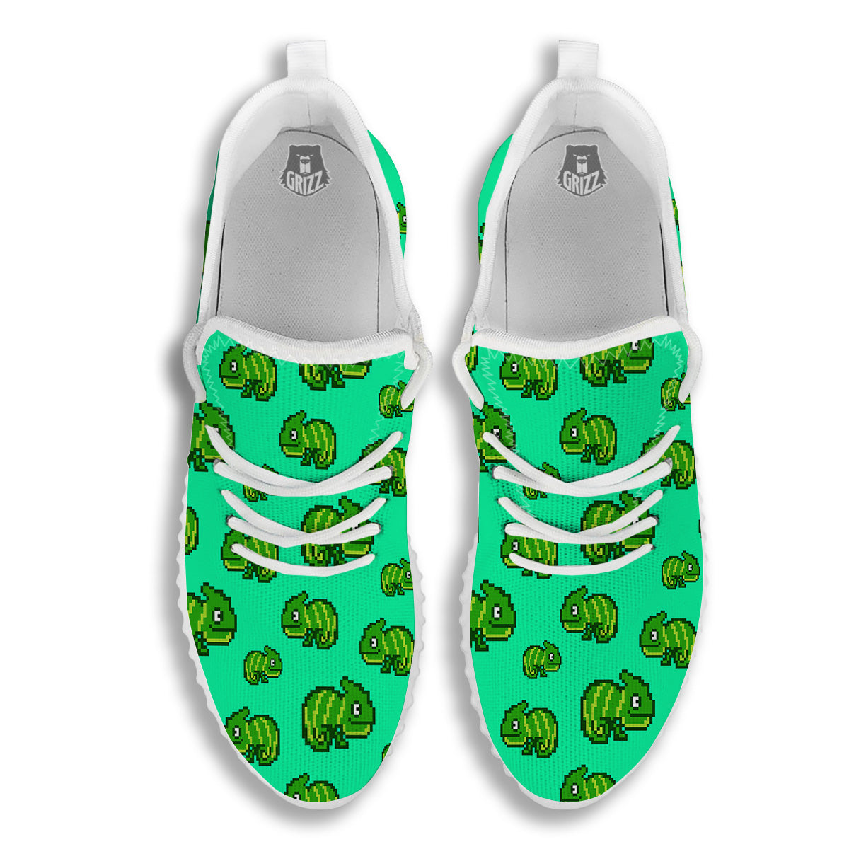 8 Bit Pixel Green Chameleons Print Pattern White Walking Shoes-grizzshop