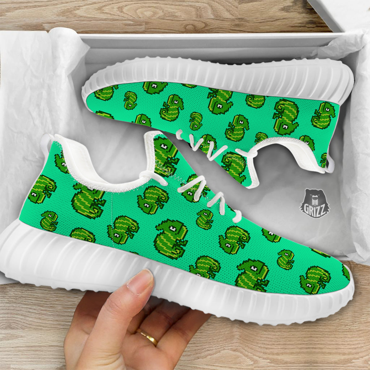 8 Bit Pixel Green Chameleons Print Pattern White Walking Shoes-grizzshop