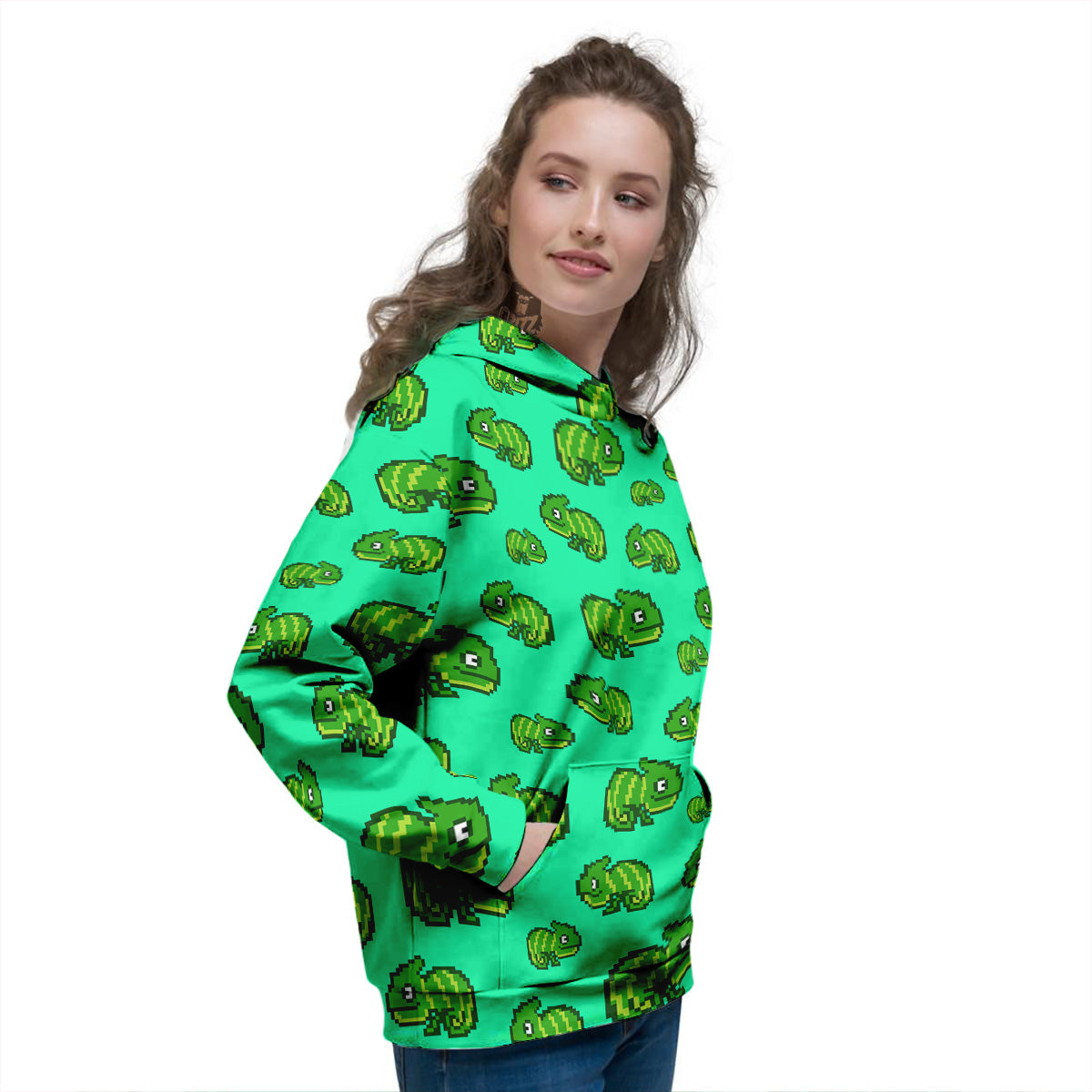 8 Bit Pixel Green Chameleons Print Pattern Women's Hoodie-grizzshop