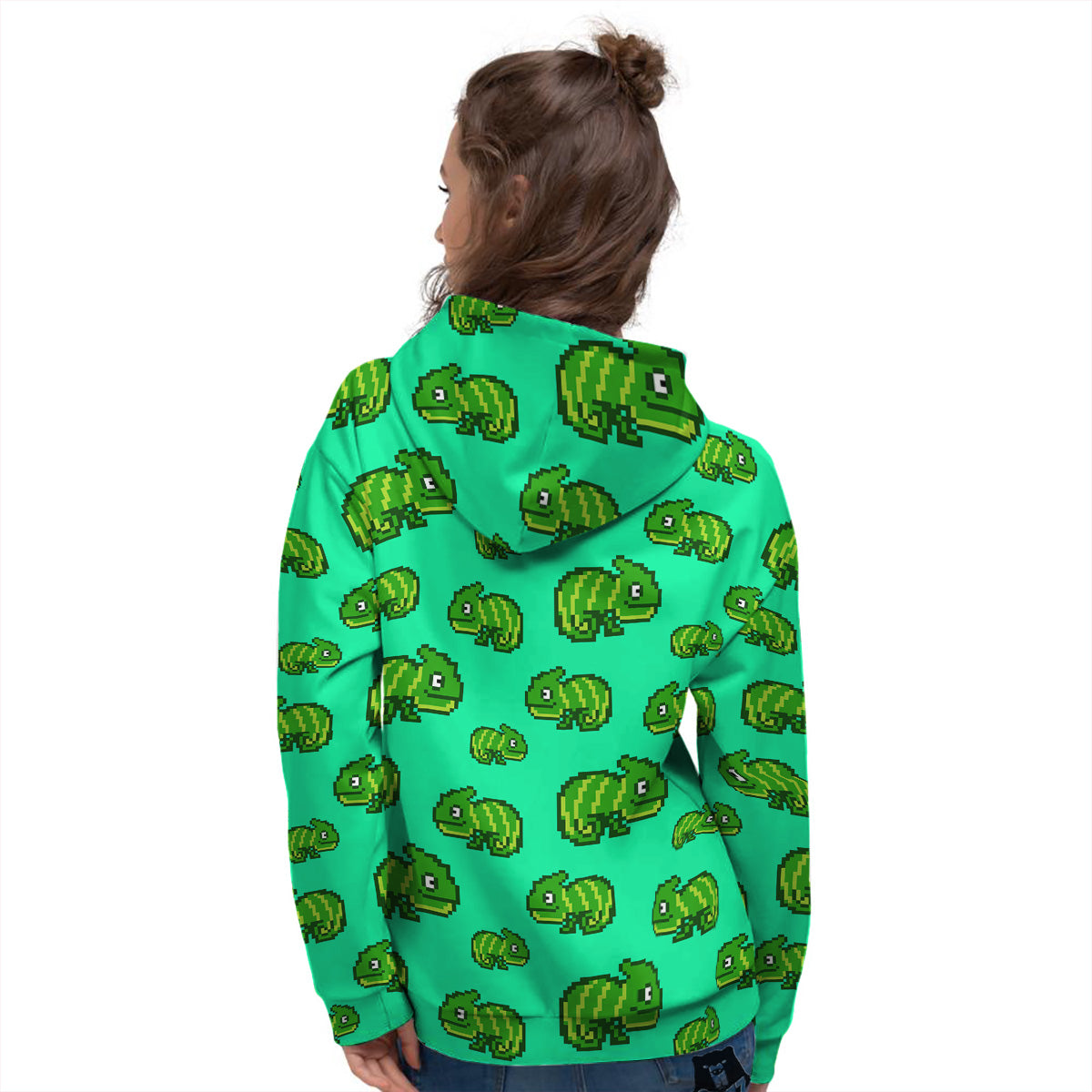 8 Bit Pixel Green Chameleons Print Pattern Women's Hoodie-grizzshop