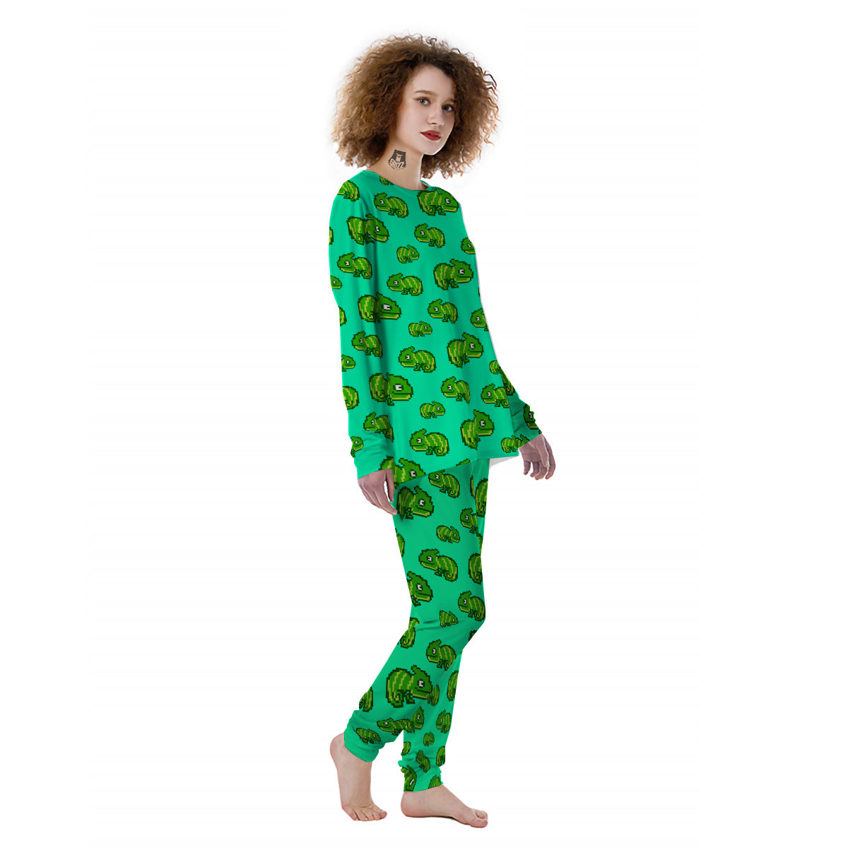 8 Bit Pixel Green Chameleons Print Pattern Women's Pajamas-grizzshop