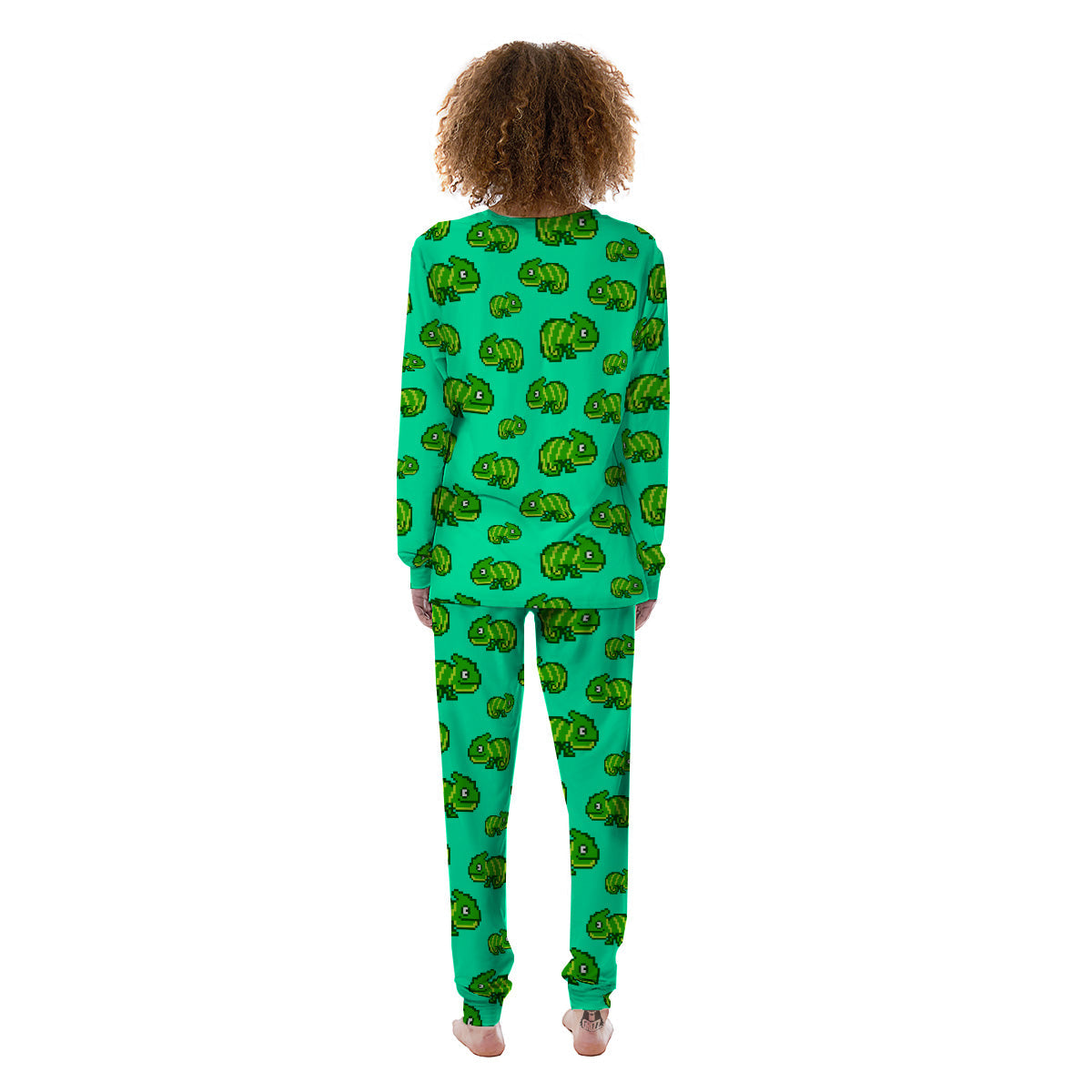 8 Bit Pixel Green Chameleons Print Pattern Women's Pajamas-grizzshop