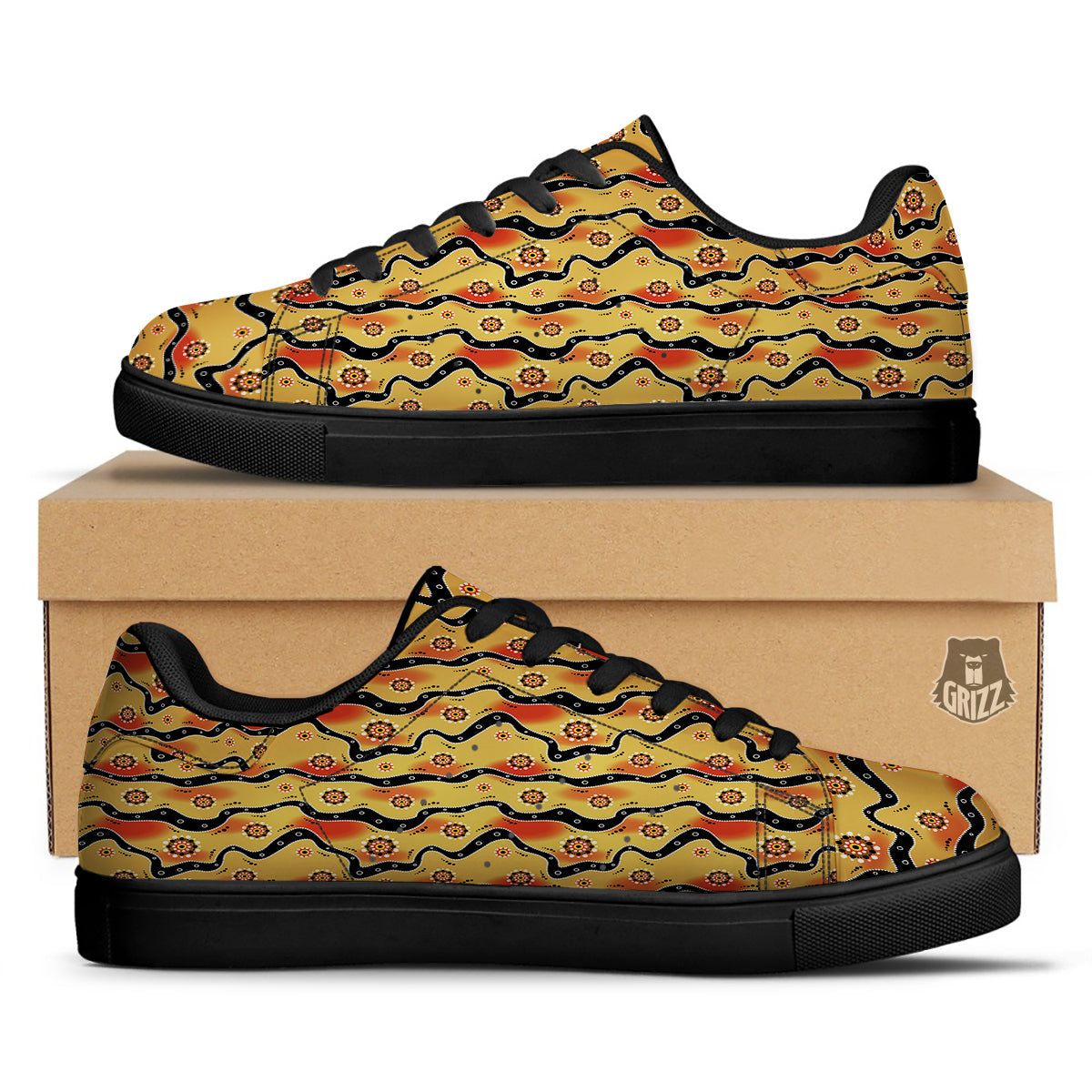 Aboriginal Australian Print Pattern Black Low Top Sneakers-grizzshop