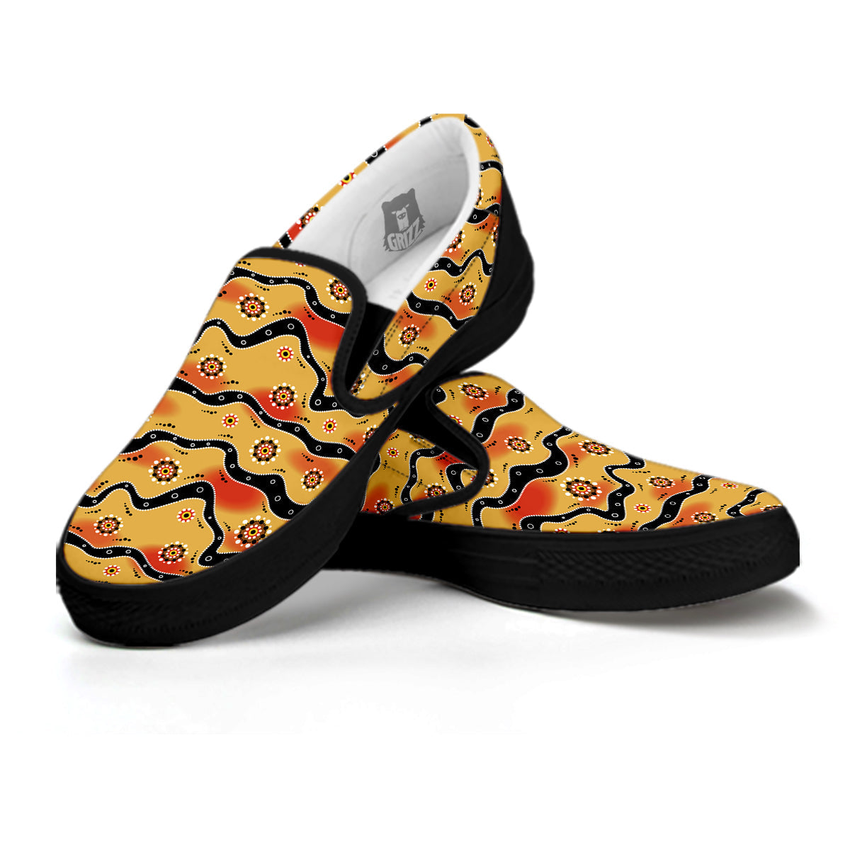 Aboriginal Australian Print Pattern Black Slip On Shoes-grizzshop