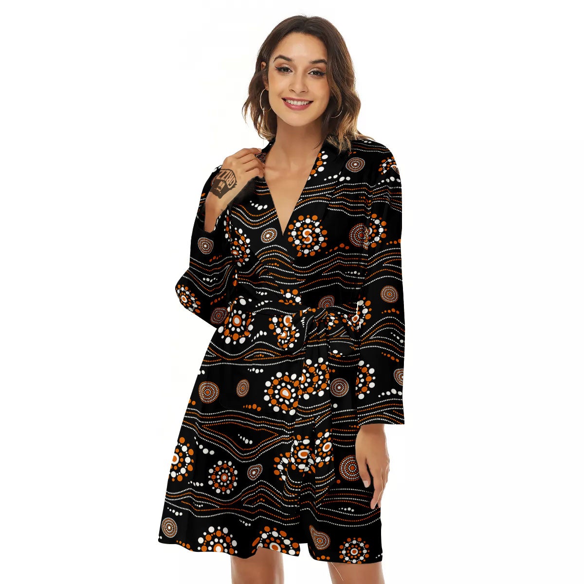 Aboriginal Orange And White Dot Print Pattern Women's Robe-grizzshop