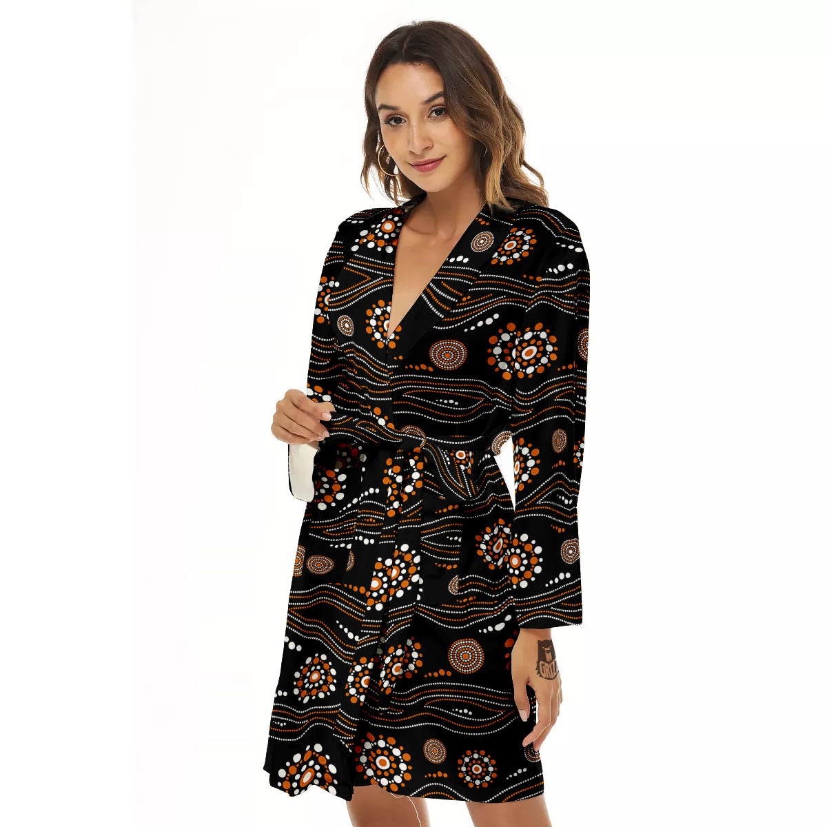 Aboriginal Orange And White Dot Print Pattern Women's Robe-grizzshop