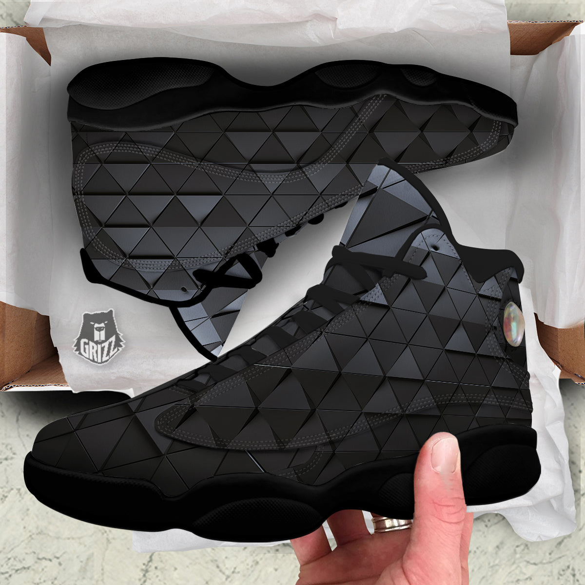 Abstract 3D Geometric Triangle Print Black Basketball Shoes-grizzshop
