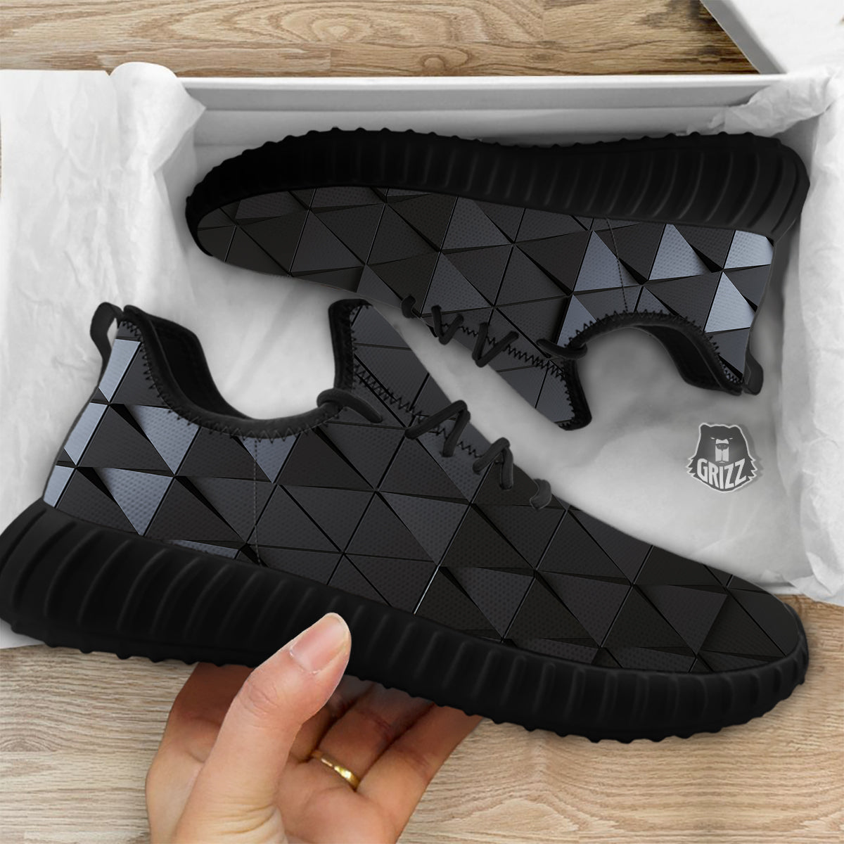 Abstract 3D Geometric Triangle Print Black Walking Shoes-grizzshop