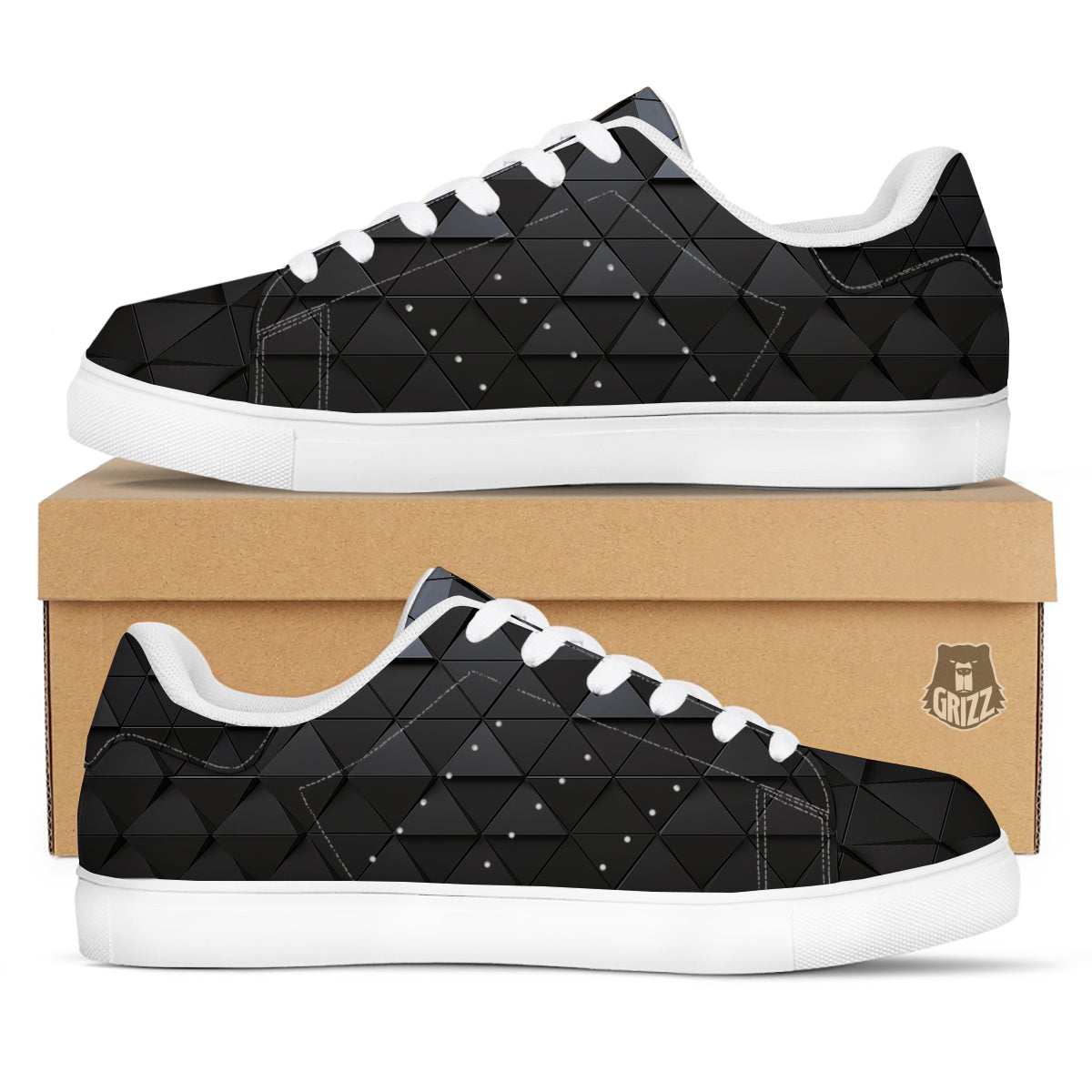 Abstract 3D Geometric Triangle Print White Low Top Sneakers-grizzshop