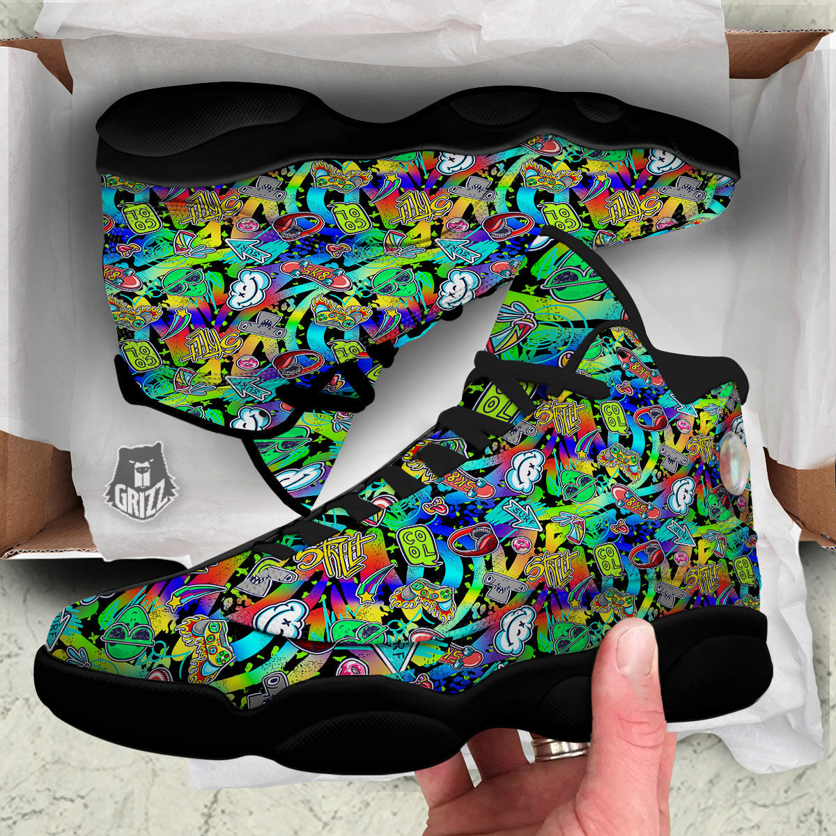 Abstract Alien Graffiti Text Print Pattern Black Basketball Shoes-grizzshop