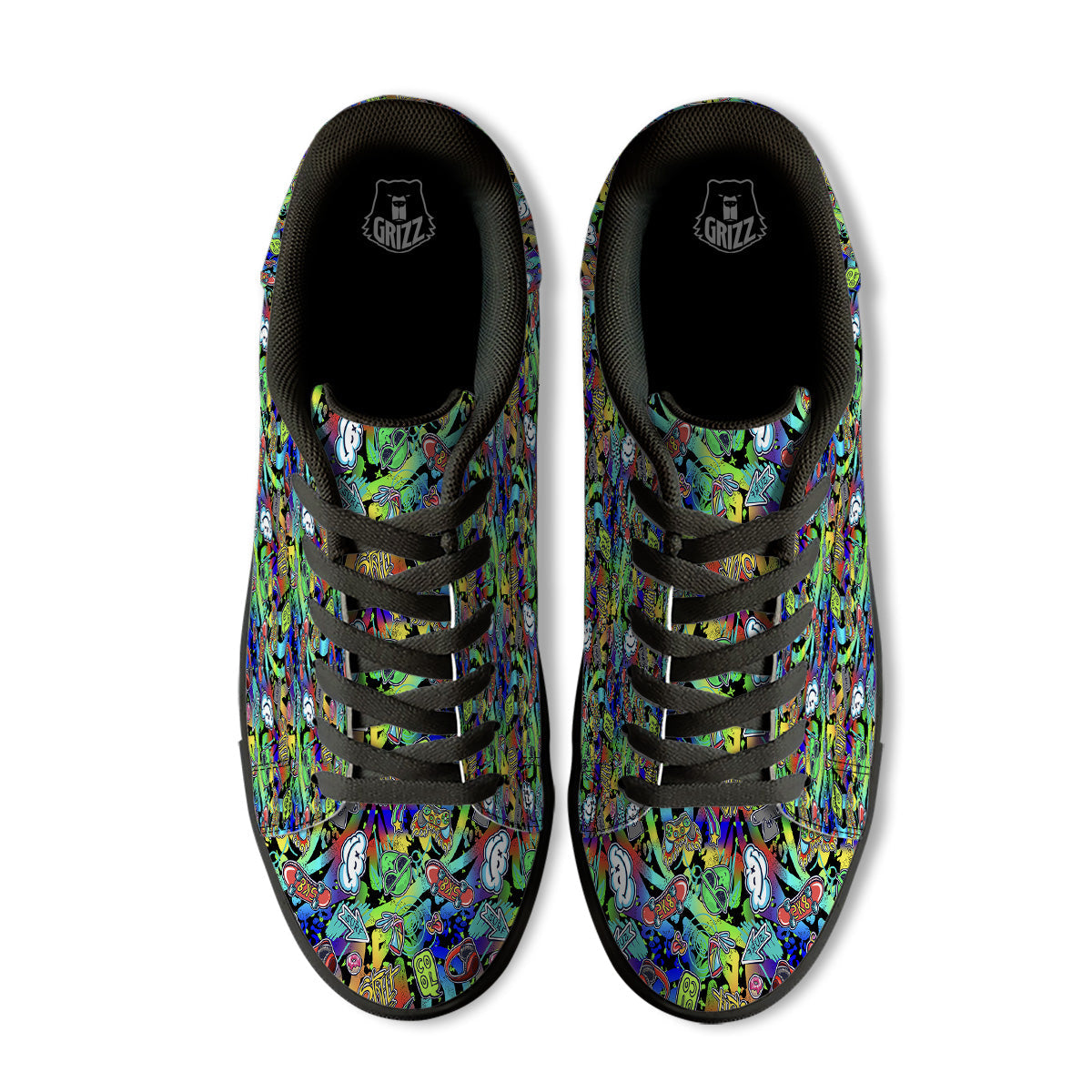 Abstract Alien Graffiti Text Print Pattern Black Low Top Sneakers-grizzshop