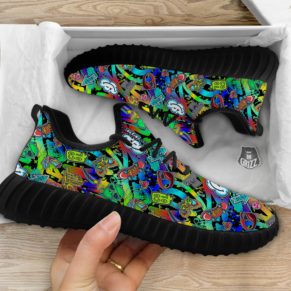 Abstract Alien Graffiti Text Print Pattern Black Walking Shoes-grizzshop