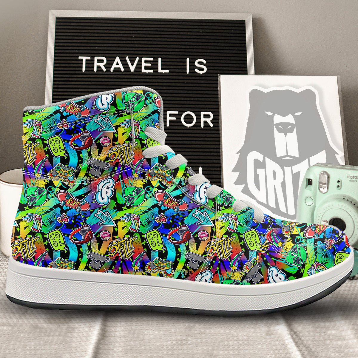 Abstract Alien Graffiti Text Print Pattern High Top Sneakers-grizzshop