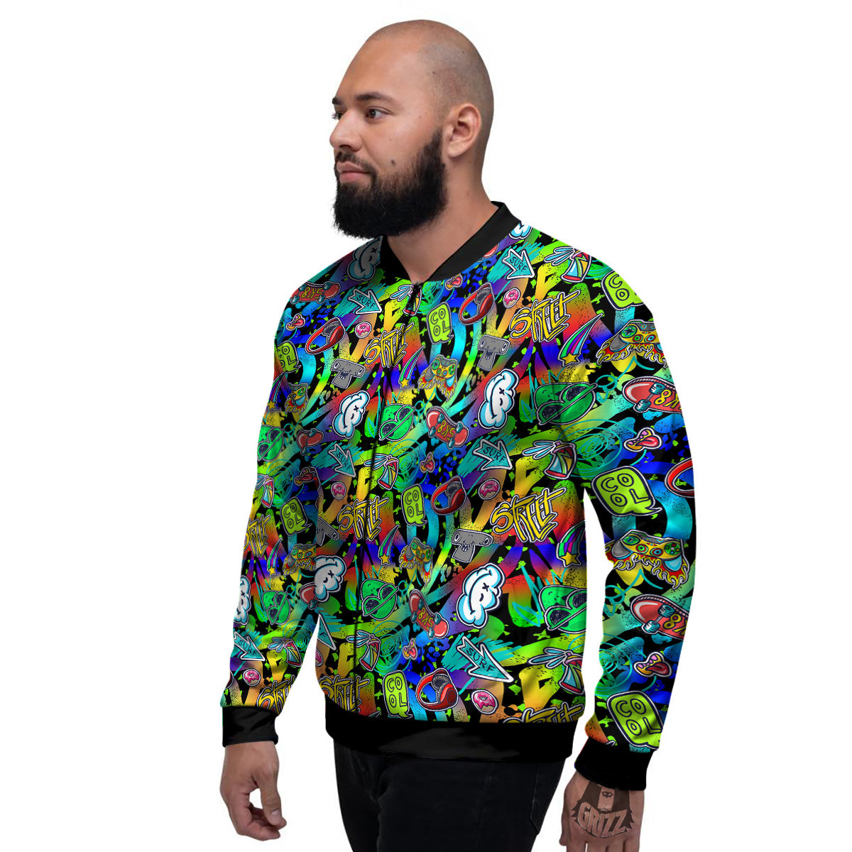 Abstract Alien Graffiti Text Print Pattern Men's Bomber Jacket-grizzshop