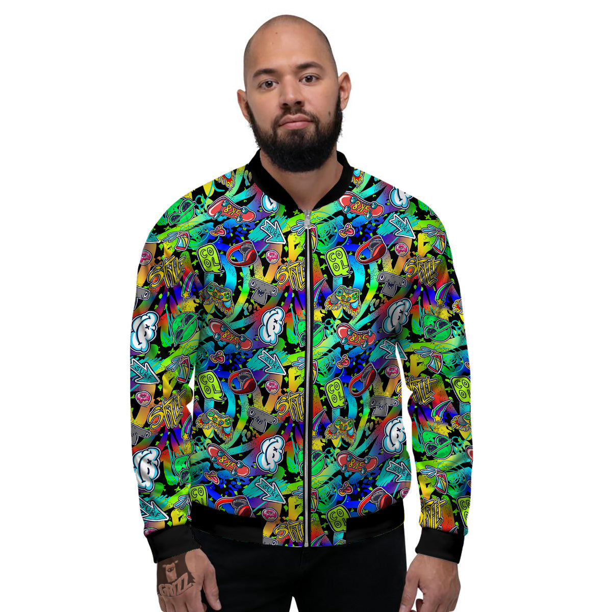 Abstract Alien Graffiti Text Print Pattern Men's Bomber Jacket-grizzshop