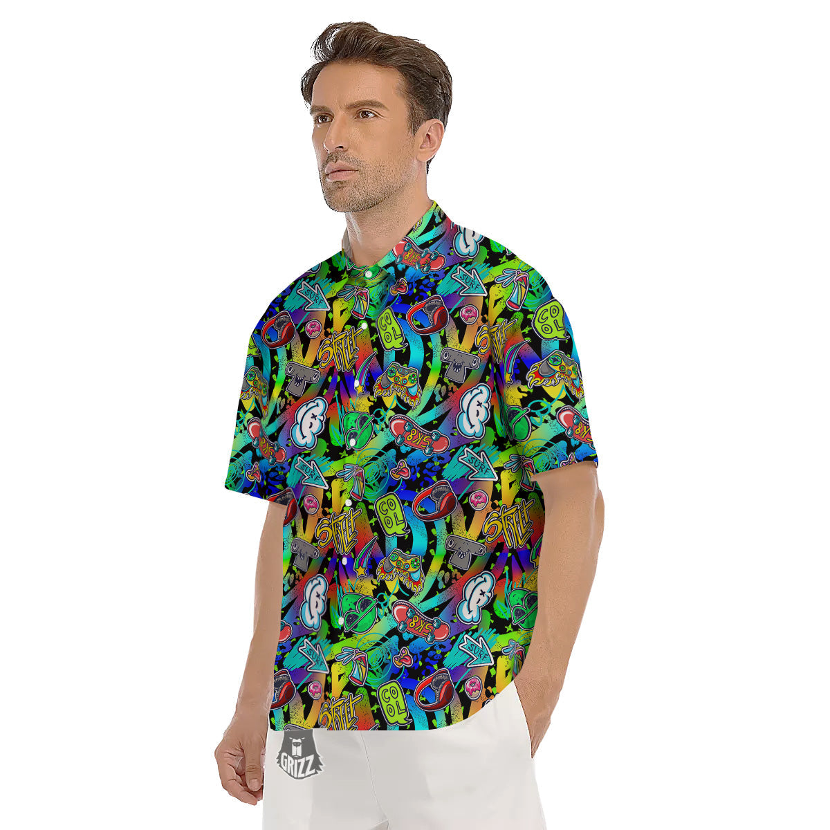 Abstract Alien Graffiti Text Print Pattern Men's Short Sleeve Shirts-grizzshop