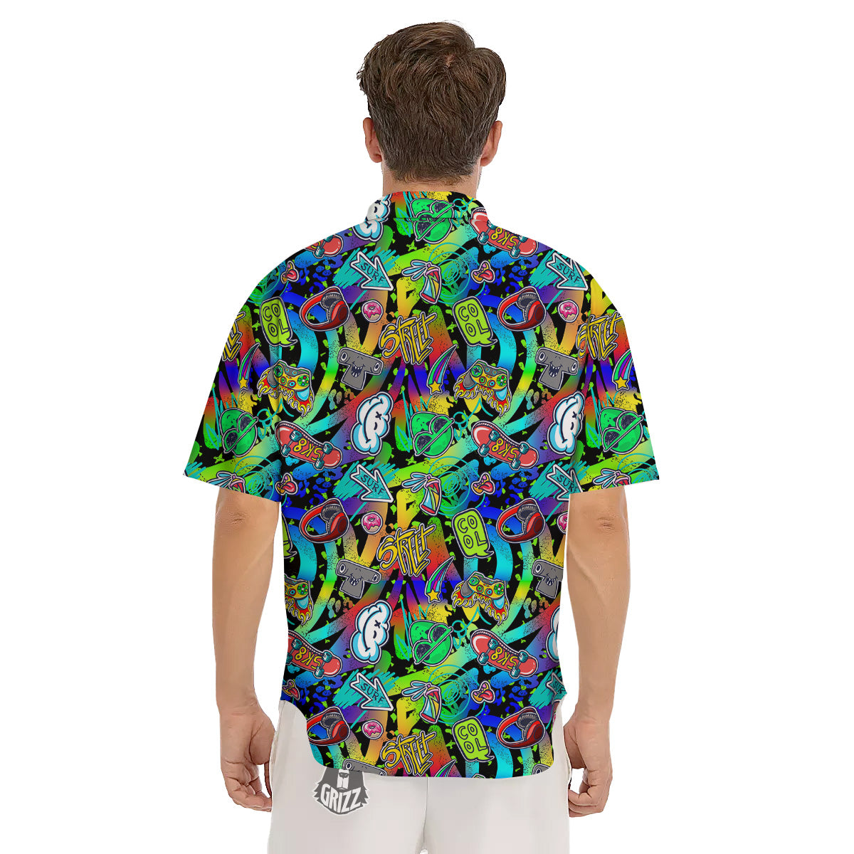Abstract Alien Graffiti Text Print Pattern Men's Short Sleeve Shirts-grizzshop