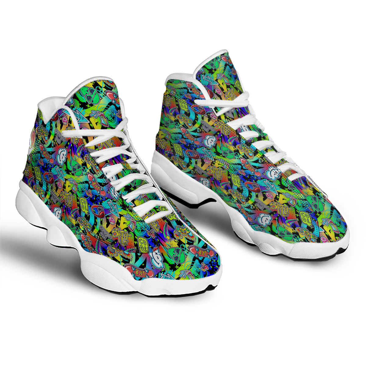 Abstract Alien Graffiti Text Print Pattern White Basketball Shoes-grizzshop