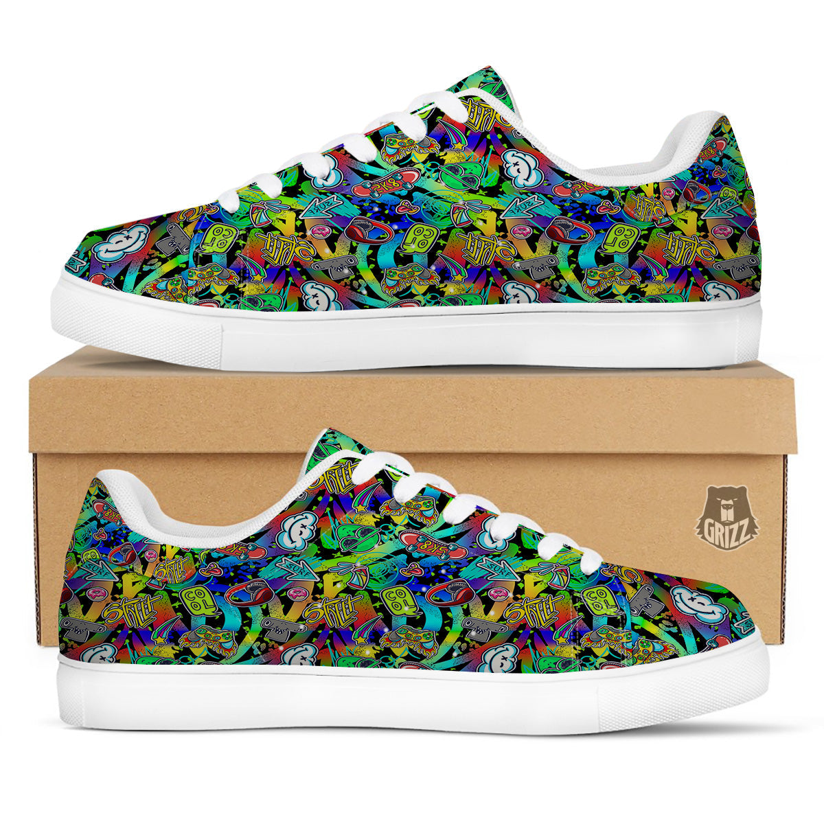 Abstract Alien Graffiti Text Print Pattern White Low Top Sneakers-grizzshop