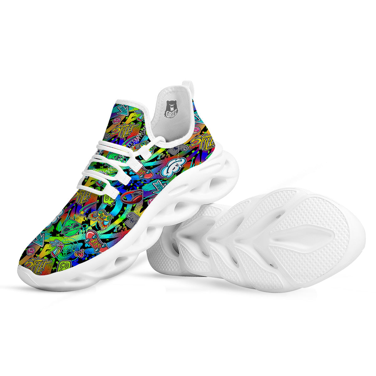Abstract Alien Graffiti Text Print Pattern White Running Shoes-grizzshop