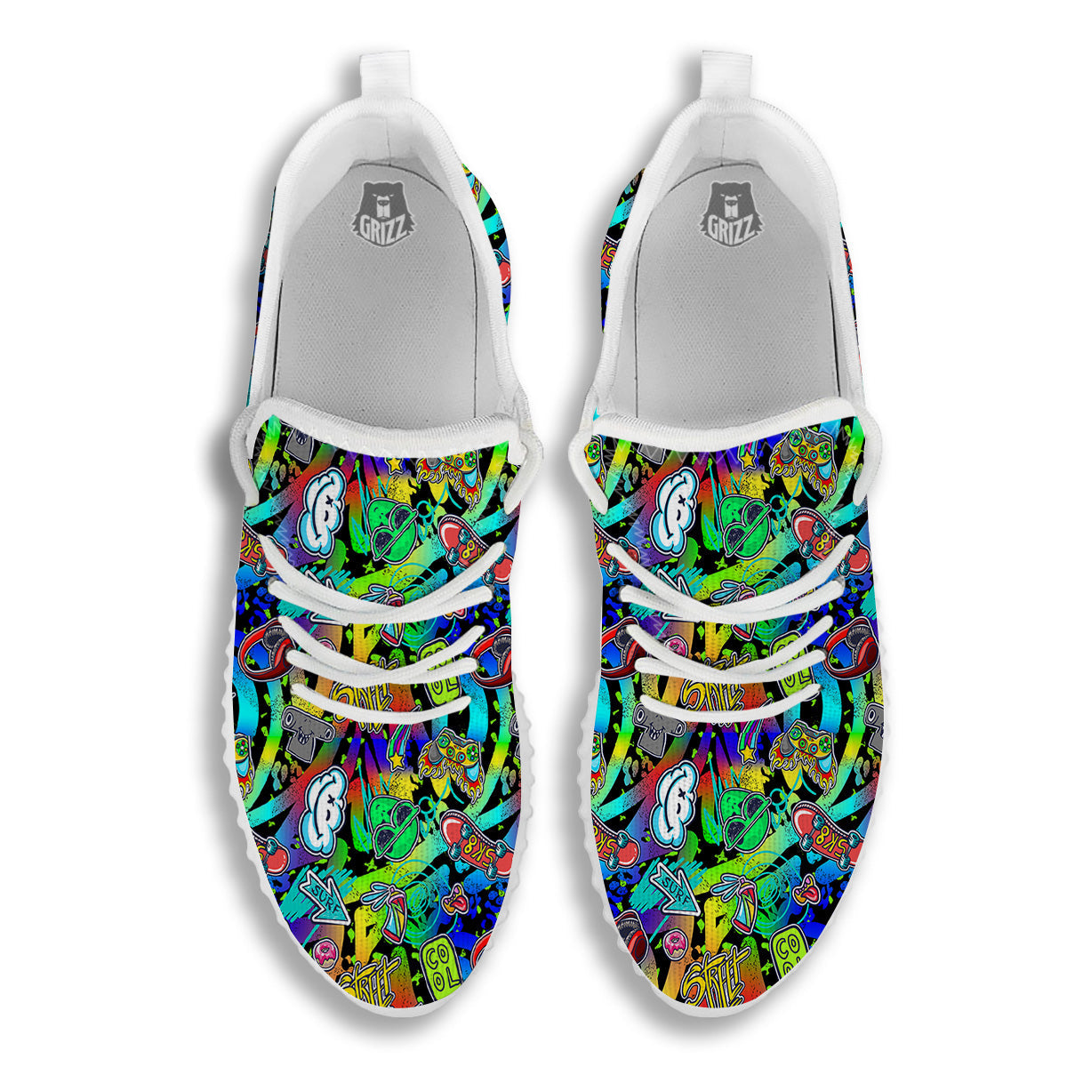 Abstract Alien Graffiti Text Print Pattern White Walking Shoes-grizzshop