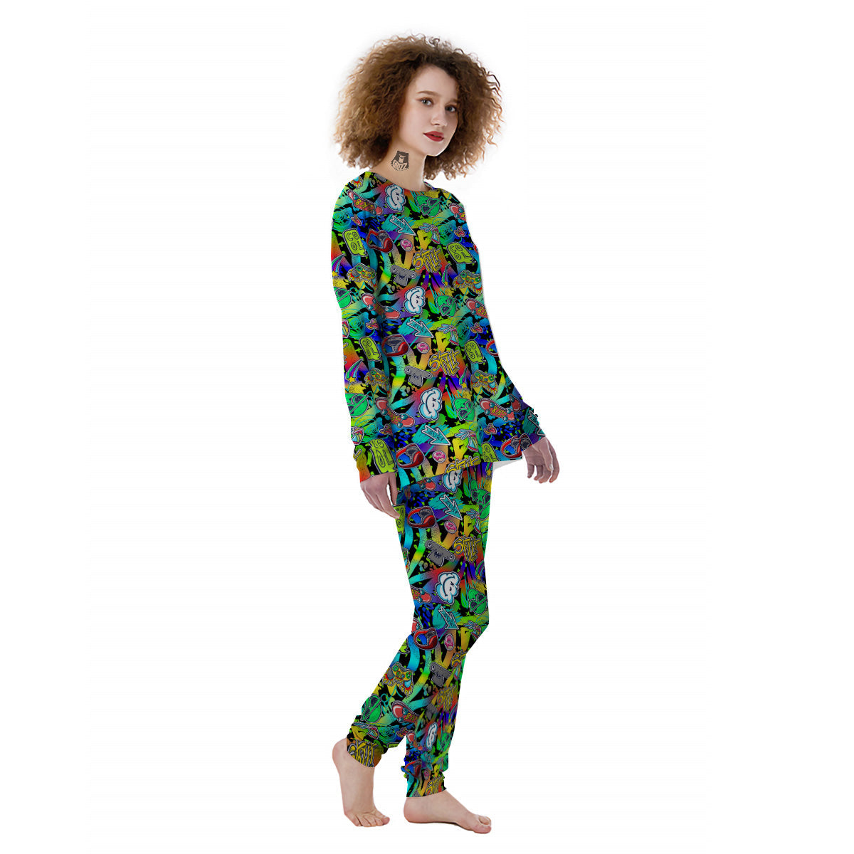 Abstract Alien Graffiti Text Print Pattern Women's Pajamas-grizzshop