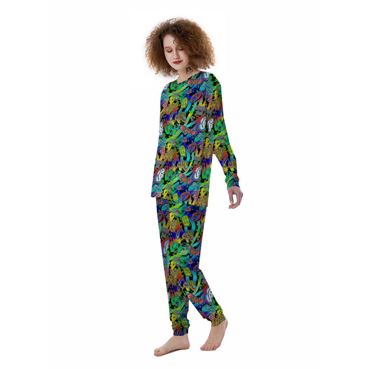 Abstract Alien Graffiti Text Print Pattern Women's Pajamas-grizzshop