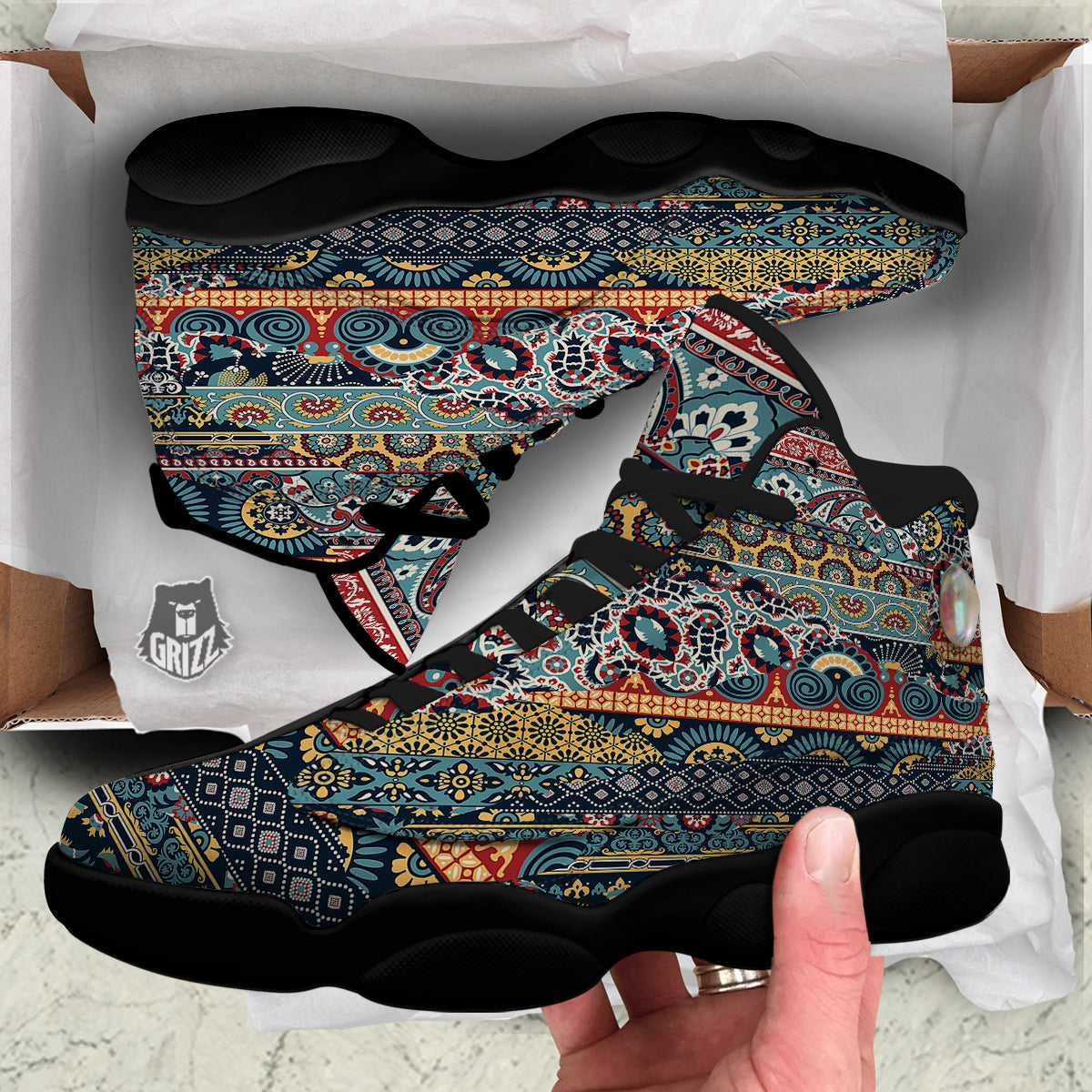 Abstract Arabian Paisley Print Black Basketball Shoes-grizzshop