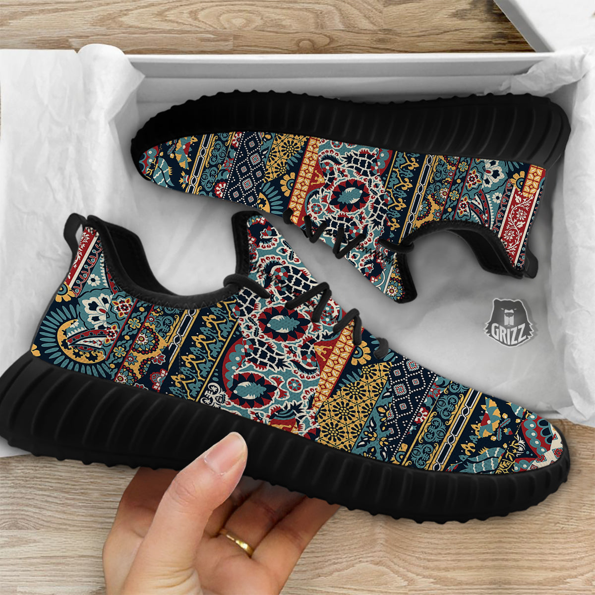 Abstract Arabian Paisley Print Black Walking Shoes-grizzshop