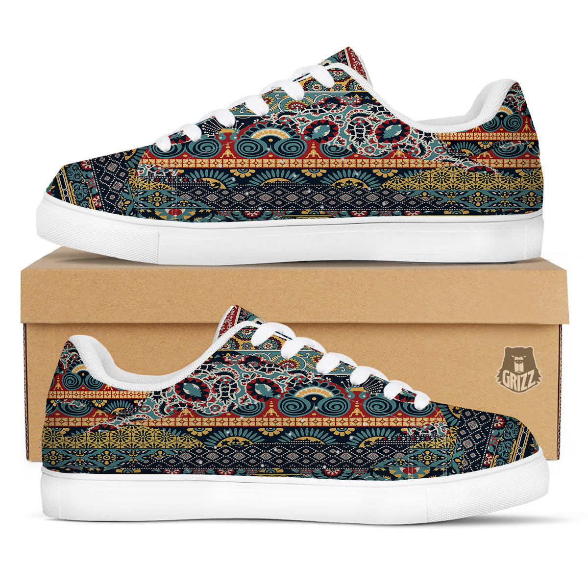 Abstract Arabian Paisley Print White Low Top Sneakers-grizzshop