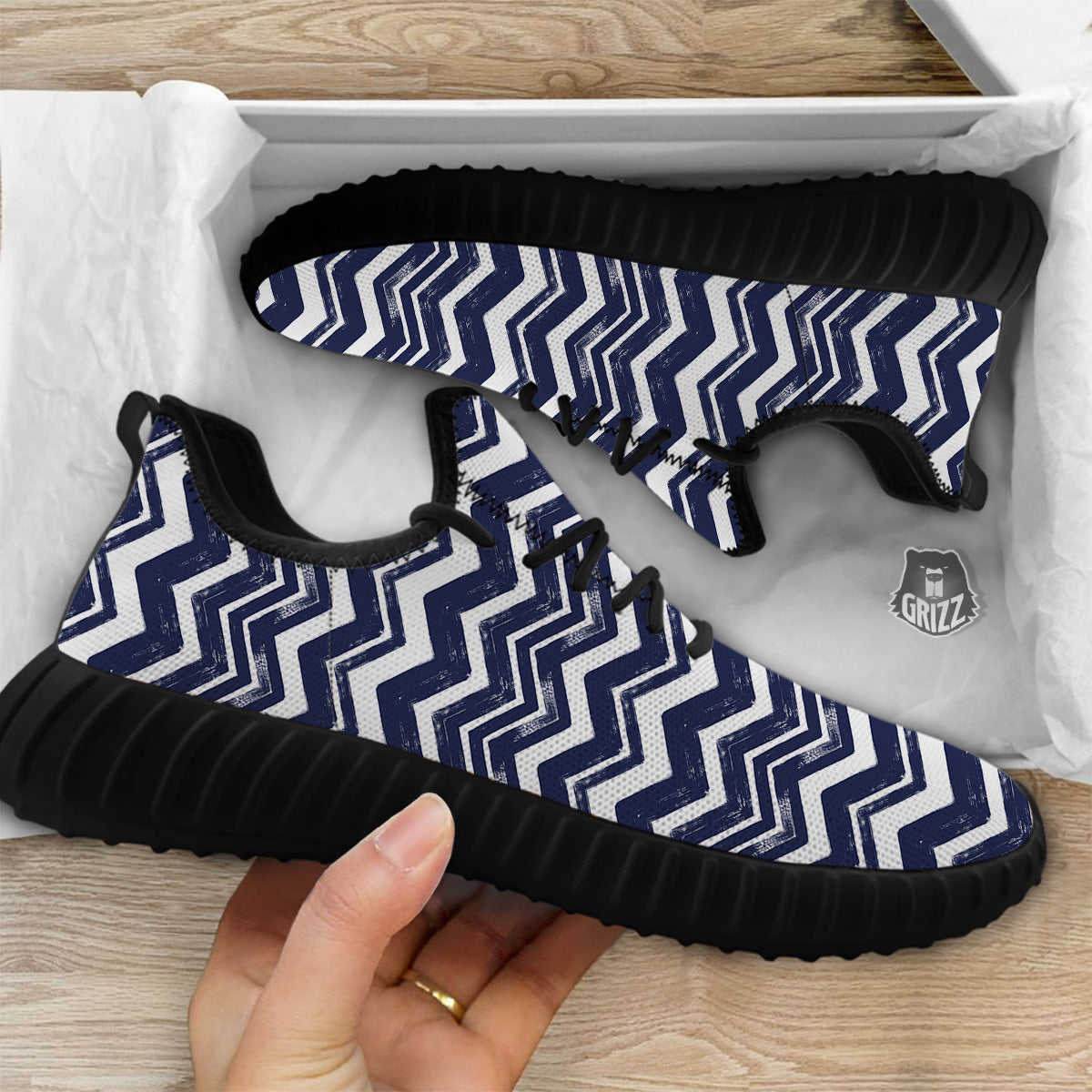 Abstract Chevron Watercolor Blue Print Pattern Black Walking Shoes-grizzshop