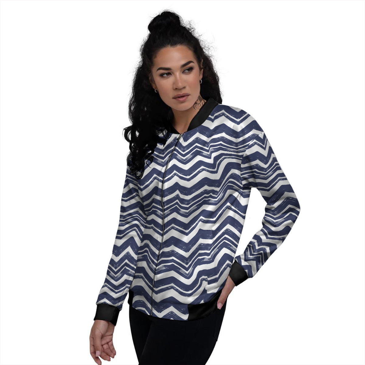 Abstract Chevron Watercolor Blue Print Pattern Women's Bomber Jacket-grizzshop