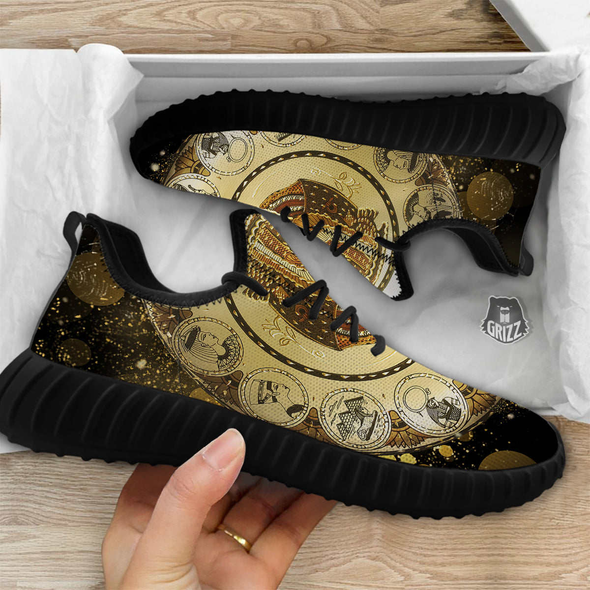Abstract Cleopatra Print Black Walking Shoes-grizzshop