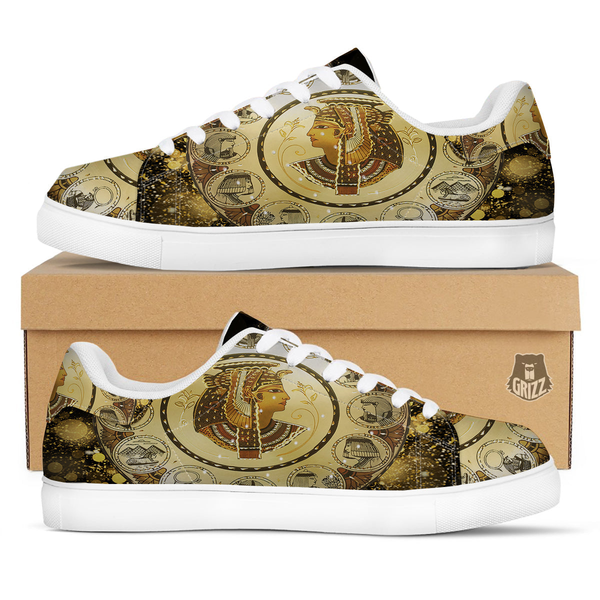 Abstract Cleopatra Print White Low Top Sneakers-grizzshop